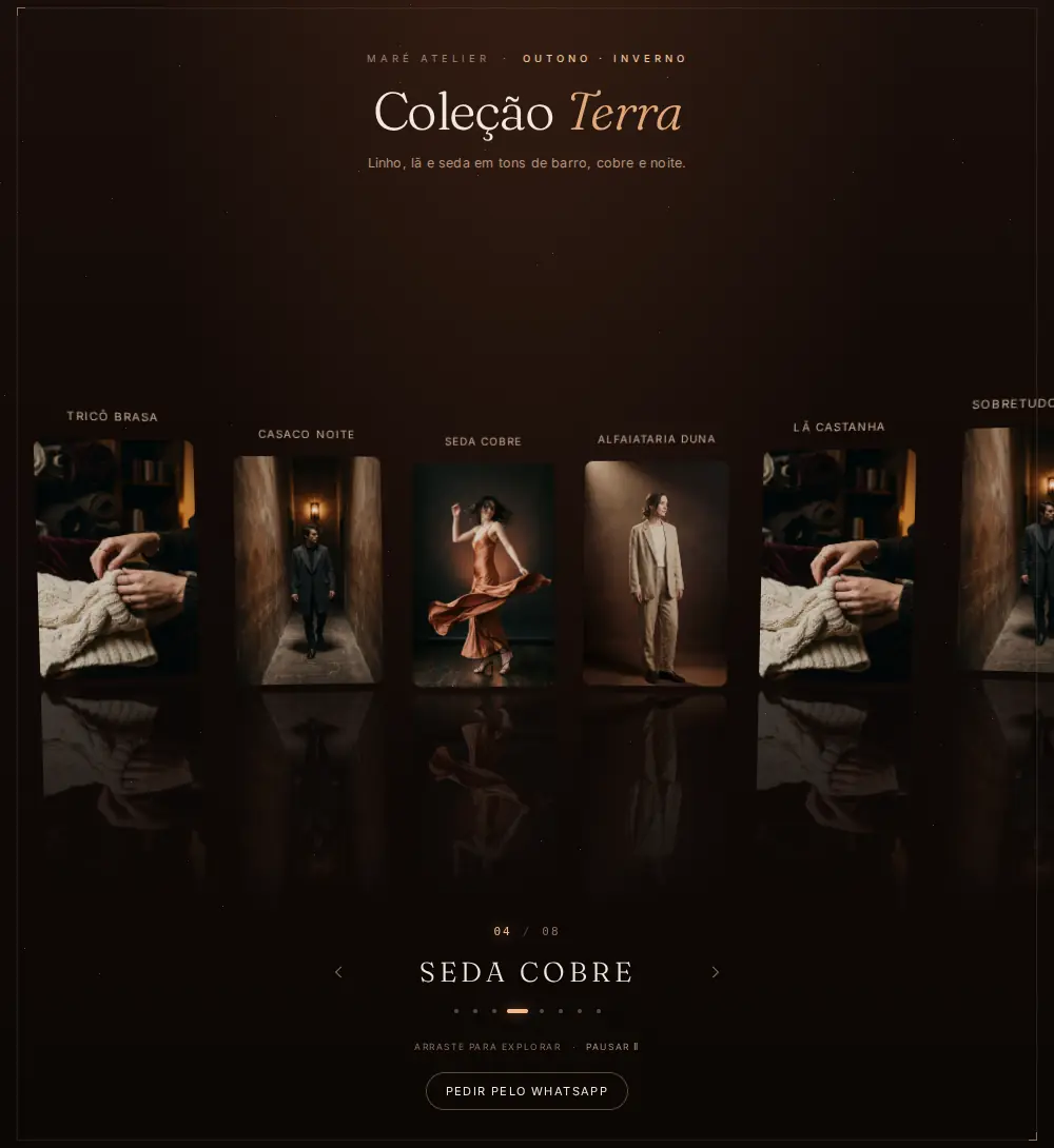 Página da coleção Terra da Maré Atelier: peças de roupa em cartões numa órbita 3D com reflexo
